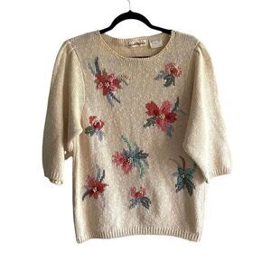 Vintage Linen Cotton Cottagecore Sweater Embroidered Flowers Cream L